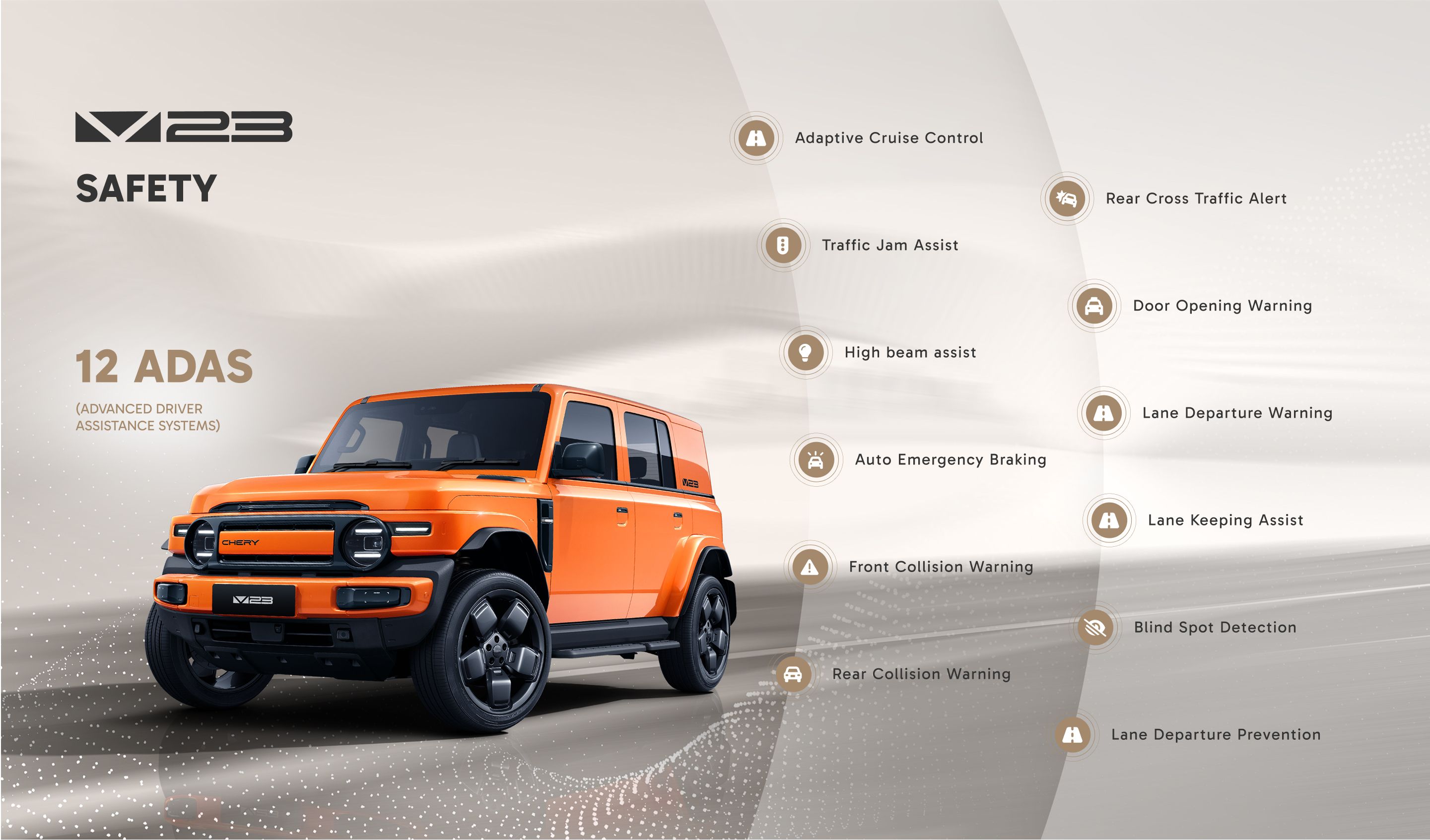V23 Safety — 12 Advanced Driver Assistance Systems: Adaptive Cruise Control, Auto Emergency Braking, Blind Spot Detection, Lane Keeping Assist and more